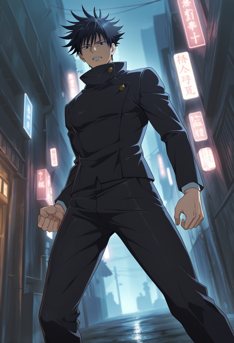 dutch angle,  fushiguro megumi,  black hair (spiked hair) on Tensor.Art