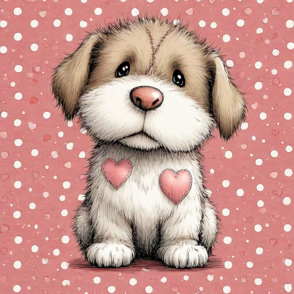The image depicts a whimsical,  stitched-together dog character standing upright. The dog has a large pink heart held in f...