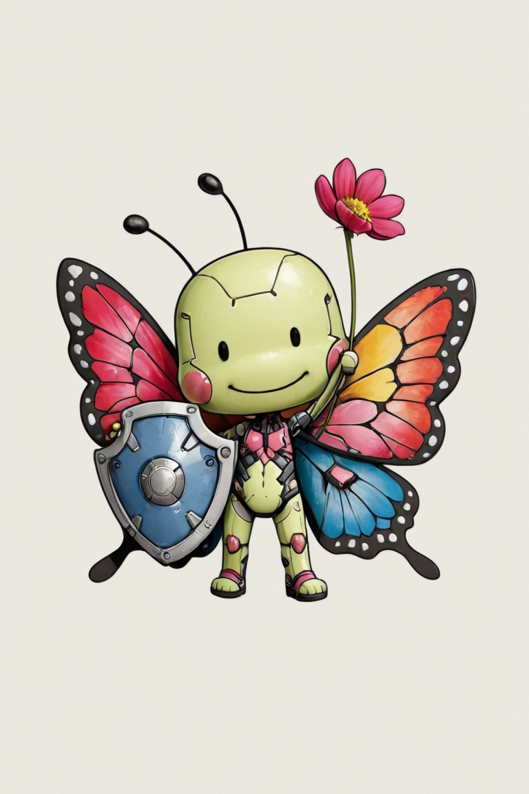 "Create multiple small flat cartoon sticker of cheerful butterfly with colorful wings and holding a flower-shaped shield w...