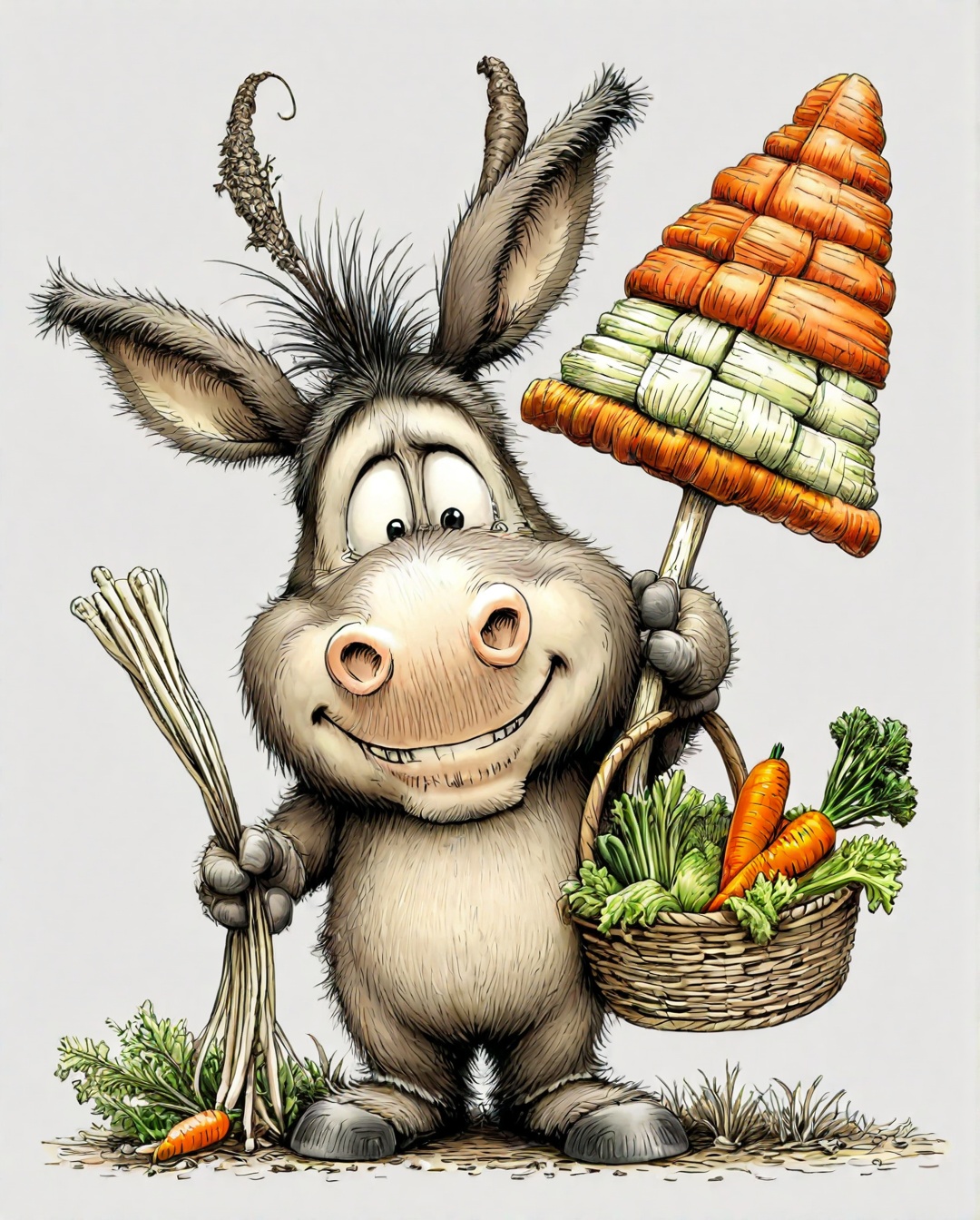 The image depicts a cartoon-style donkey standing upright,  with a cheerful expression on its face. The donkey is holding...