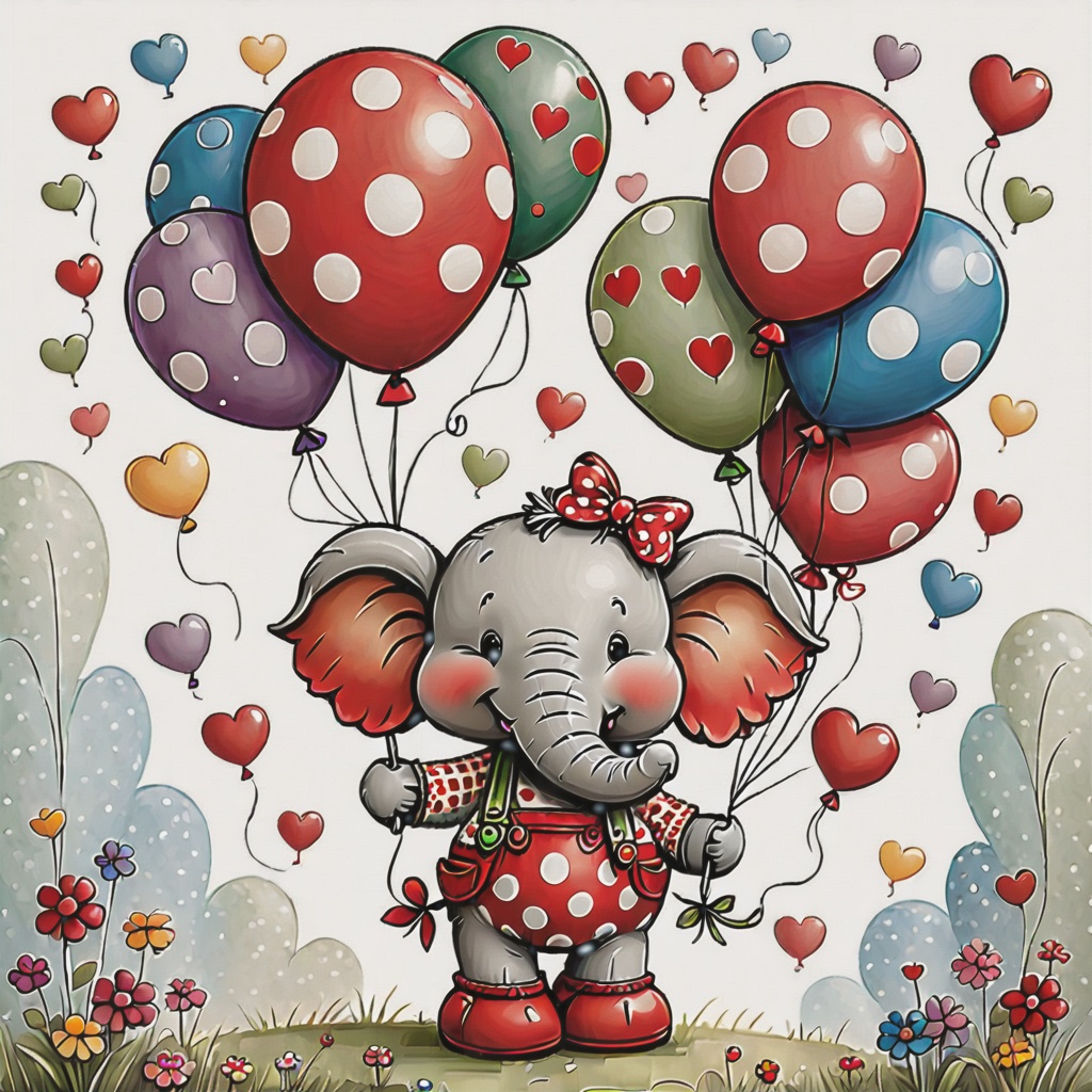 The image depicts a cute,  cartoon-style elephant holding a bunch of colorful heart-shaped balloons. The balloons are deco...