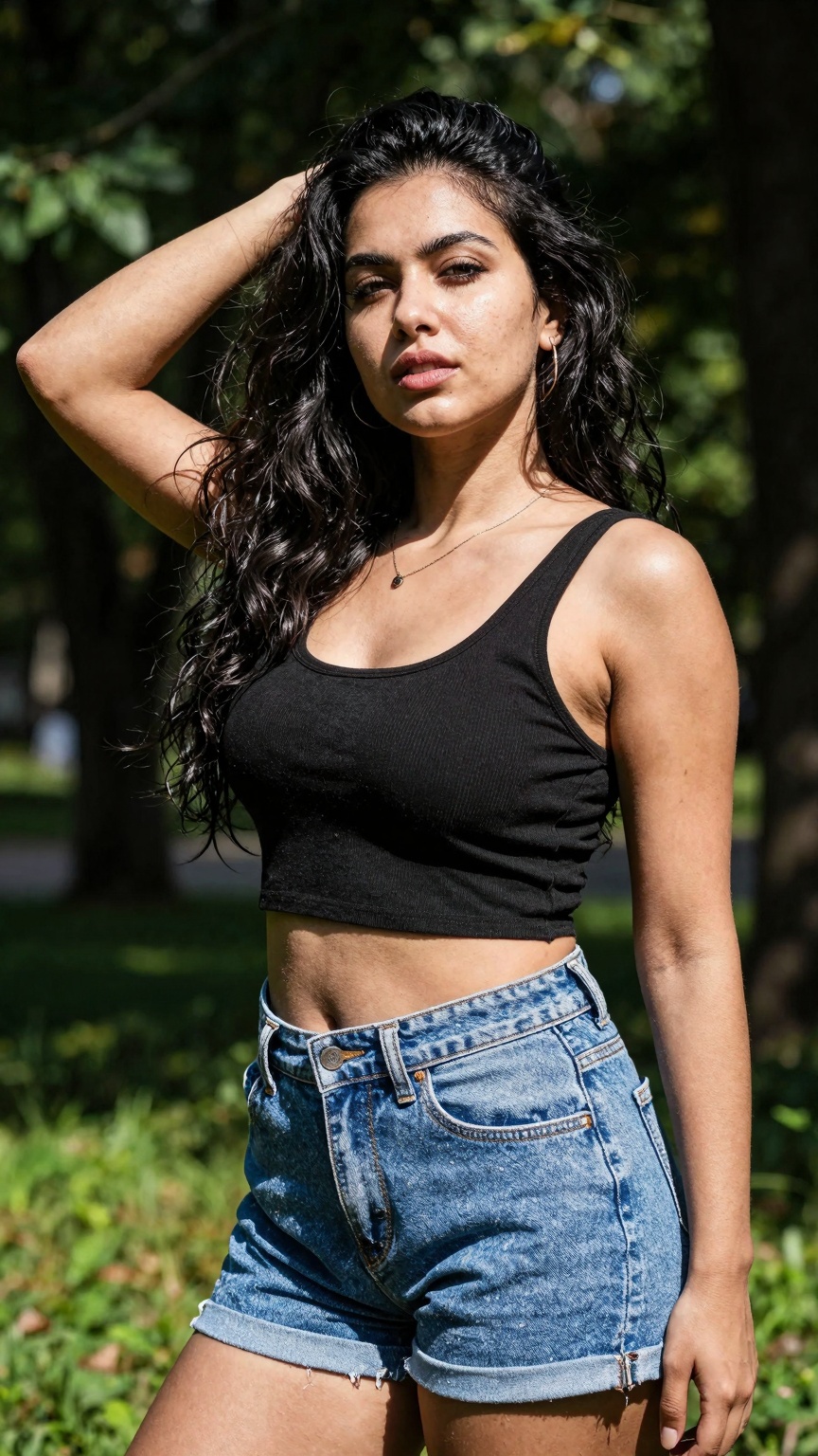 gorgeous random woman in random outfit posing for a sensual photography session at a local park,  Mobile photography,  sho...