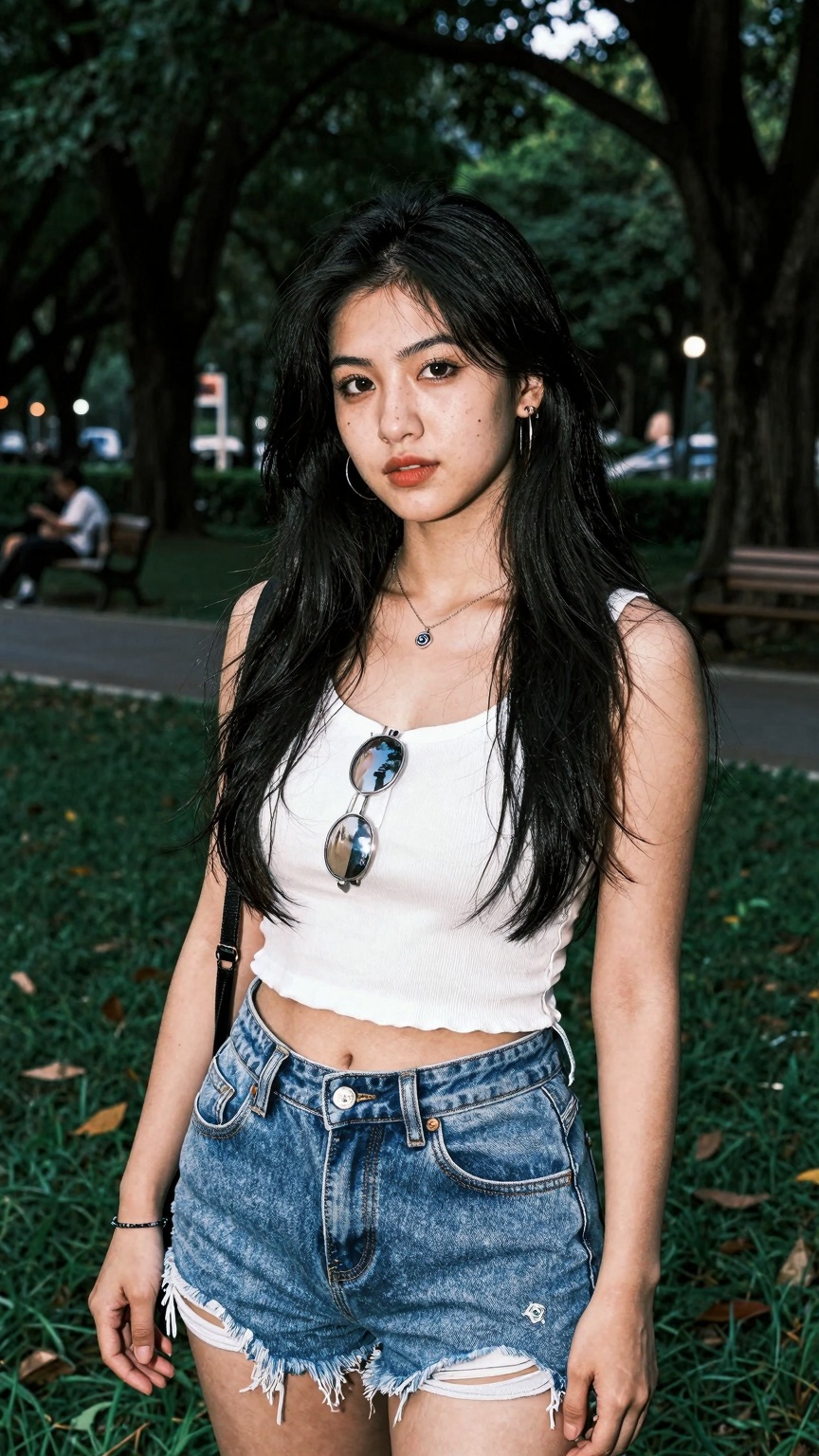 Create a stunning portrait of a gorgeous 18-year-old woman in a cute,  random outfit,  posing for a sensual photography se...