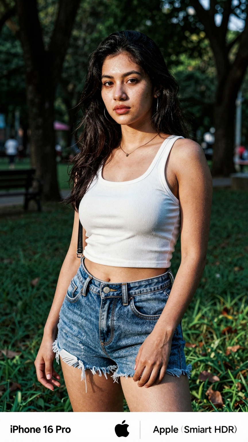 A gorgeous woman 18 yo,  in a cute random outfit posing for a sensual photography session at a local park. The shot is tak...