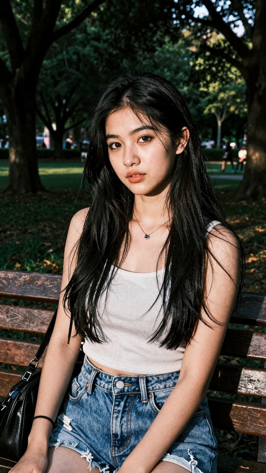Create a stunning portrait of a gorgeous 18-year-old woman in a cute,  random outfit,  posing for a sensual photography se...