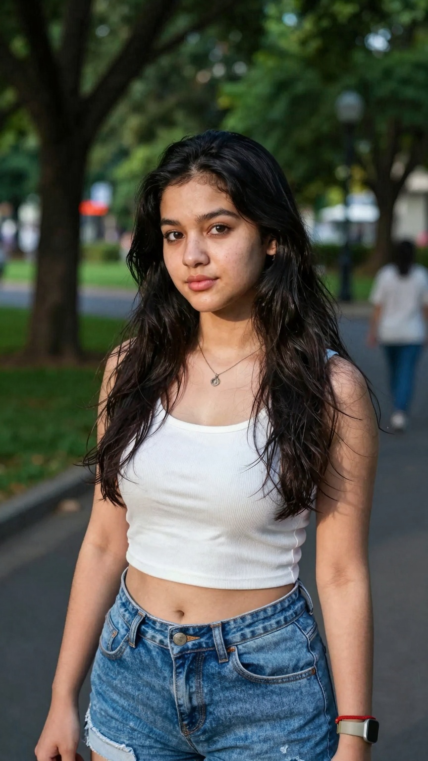 Create a stunning portrait of a gorgeous 18-year-old woman in a cute,  random outfit,  posing for a sensual photography se...