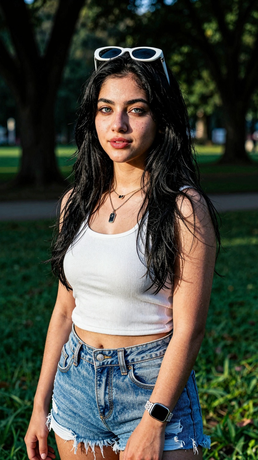 Create a stunning portrait of a gorgeous 18-year-old woman in a cute,  random outfit,  posing for a sensual photography se...