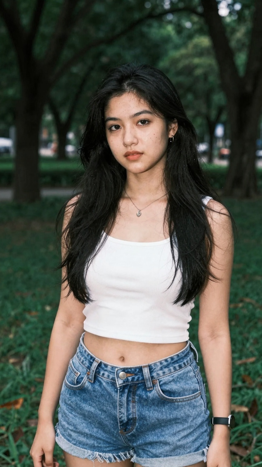 Create a stunning portrait of a gorgeous 18-year-old woman in a cute,  random outfit,  posing for a sensual photography se...
