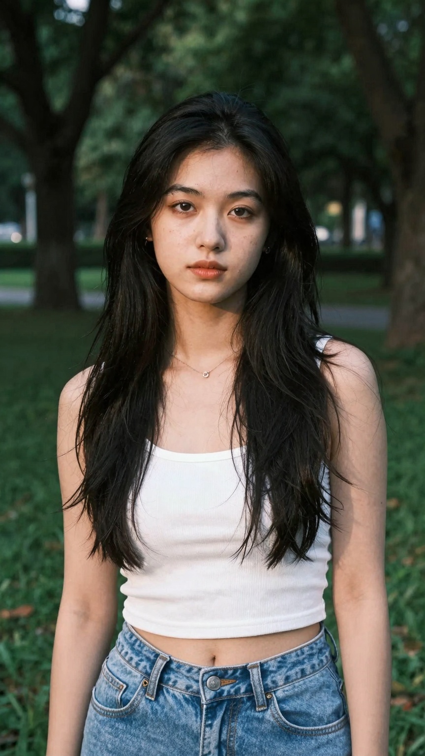 Create a stunning portrait of a gorgeous 18-year-old woman in a cute,  random outfit,  posing for a sensual photography se...