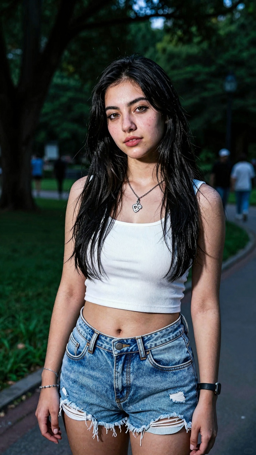 Create a stunning portrait of a gorgeous 18-year-old woman in a cute,  random outfit,  posing for a sensual photography se...