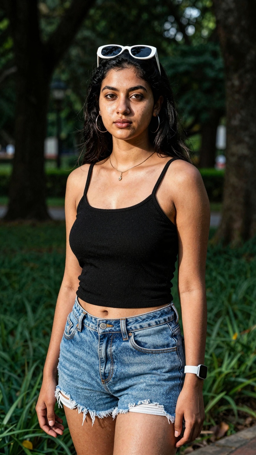 A gorgeous woman 18 yo,  in a cute random outfit posing for a sensual photography session at a local park. The shot is tak...