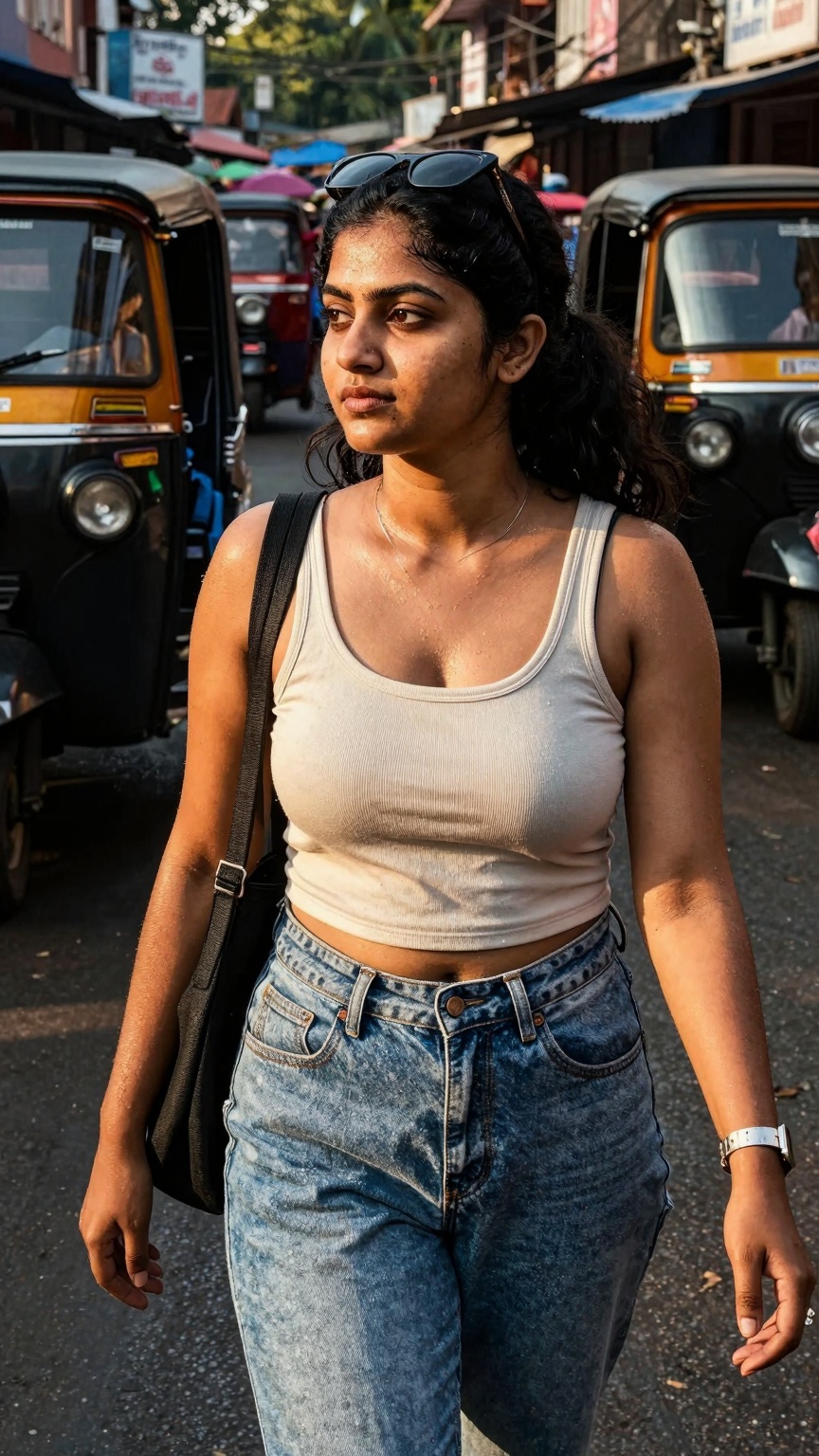 Ultra-realistic mobile phone photography of a young woman walking through a busy Kerala street market during golden hour,...
