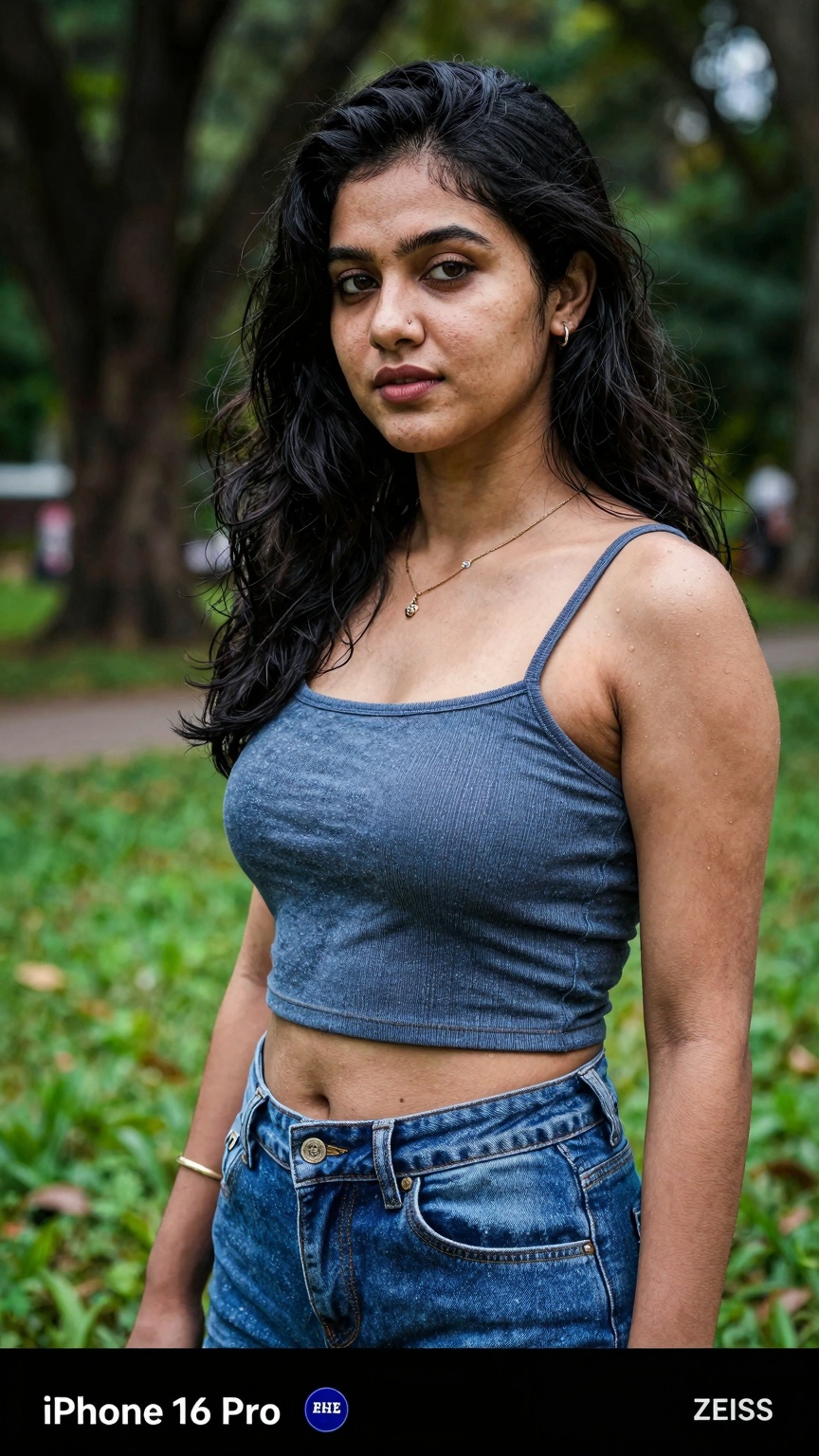 A gorgeous woman 18 yo,  in a cute random outfit posing for a sensual photography session at a local park. The shot is tak...