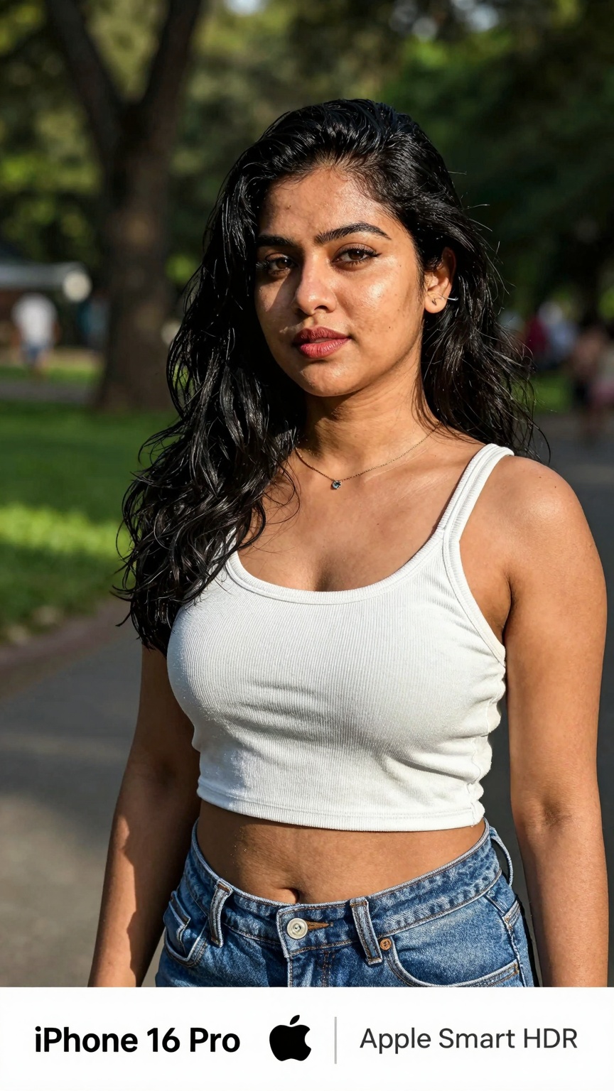 A gorgeous woman in her 30s in a cute random outfit posing for a sensual photography session at a local park. The shot is...