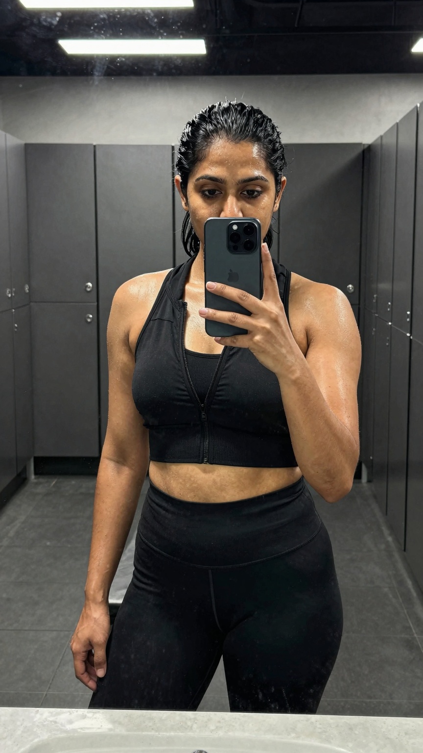 Ultra-realistic smartphone mirror selfie of a South Asian woman inside a modern gym locker room,  wearing black fitted ath...