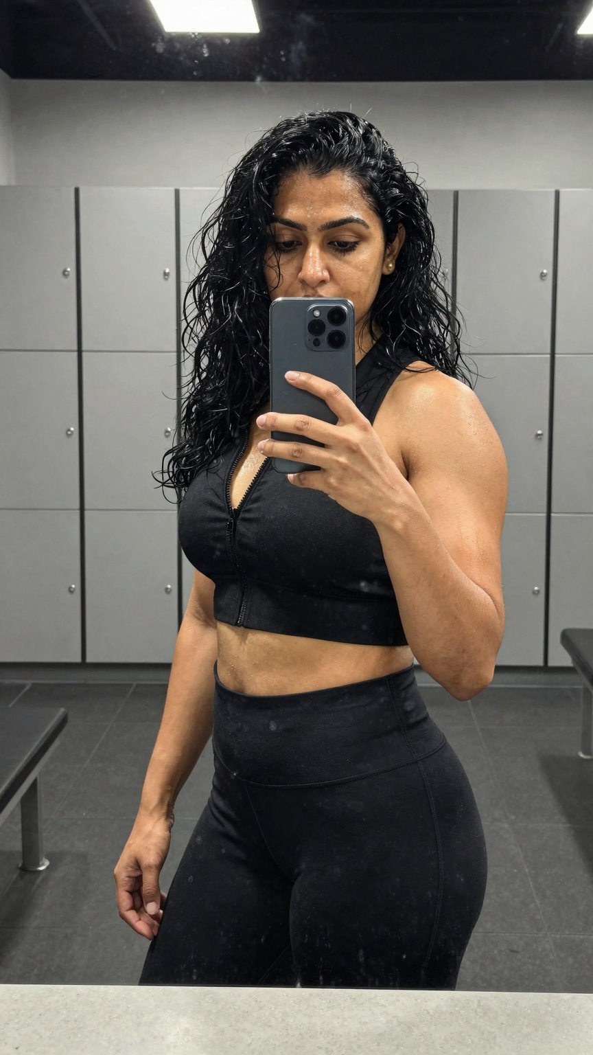 Ultra-realistic smartphone mirror selfie of a South Asian woman inside a modern gym locker room,  wearing black fitted ath...