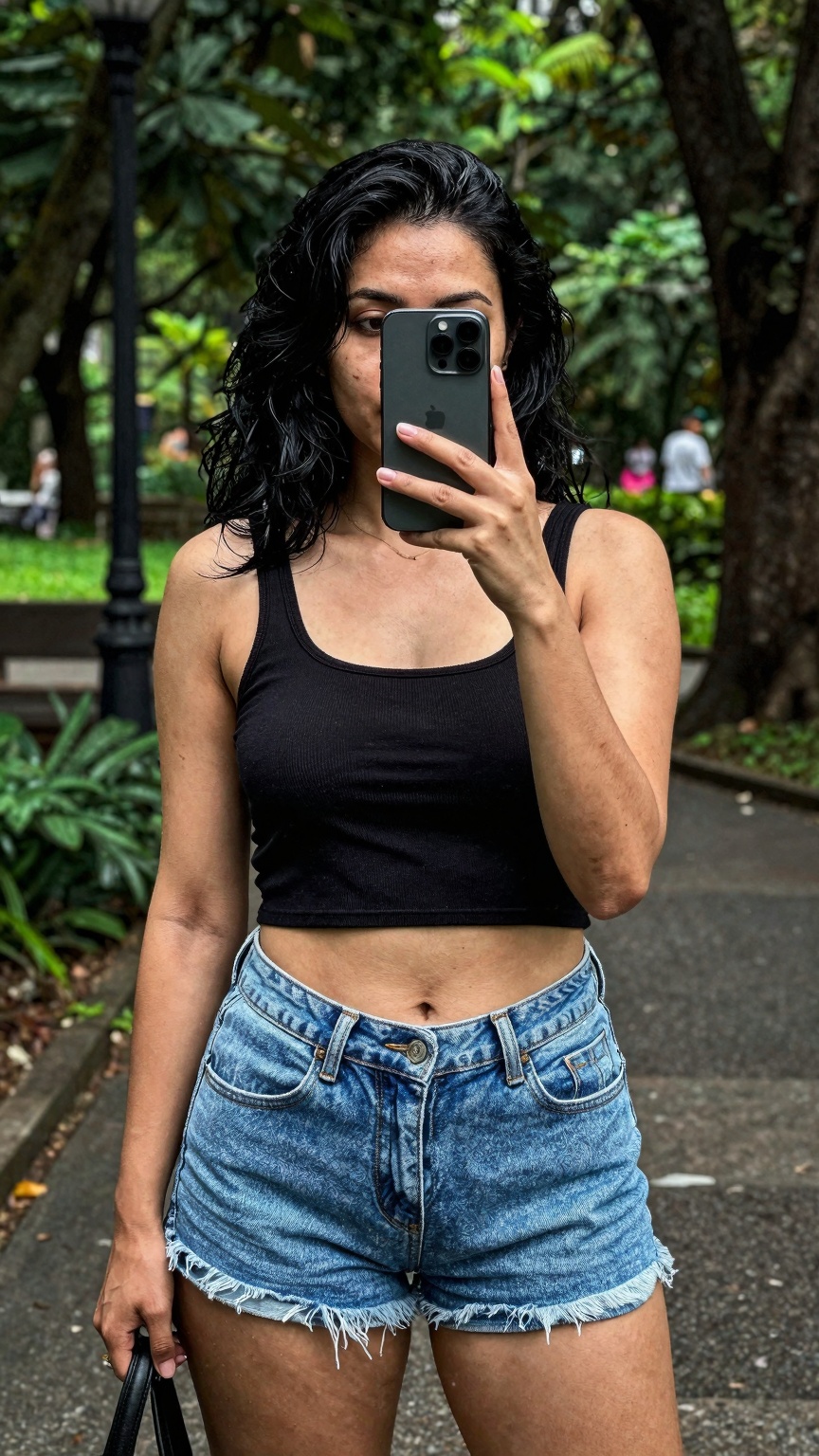 A gorgeous woman in her 30s in a cute random outfit posing for a sensual photography session at a local park. The shot is...