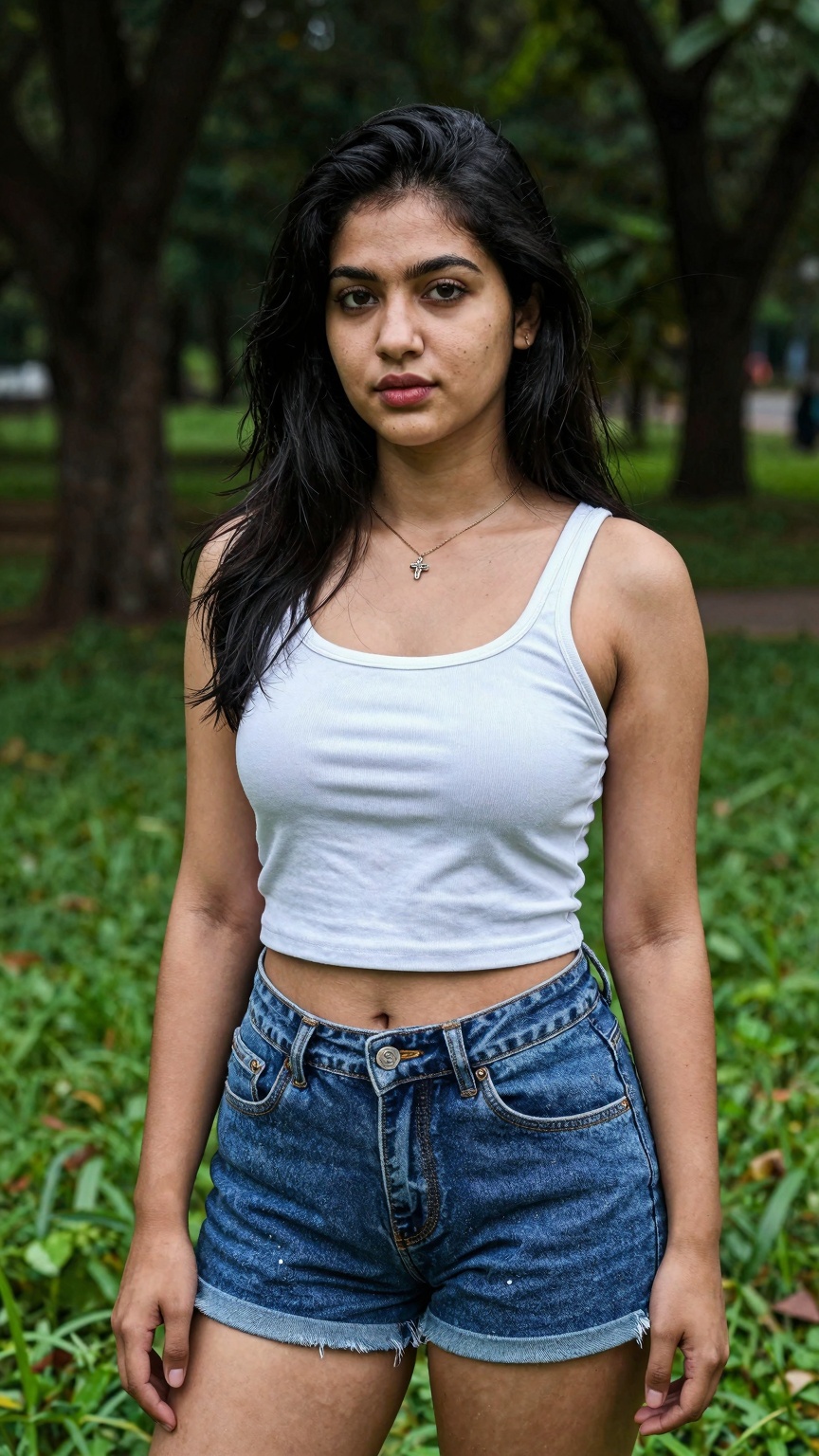 A gorgeous woman 18 yo,  in a cute random outfit posing for a sensual photography session at a local park. The shot is tak...