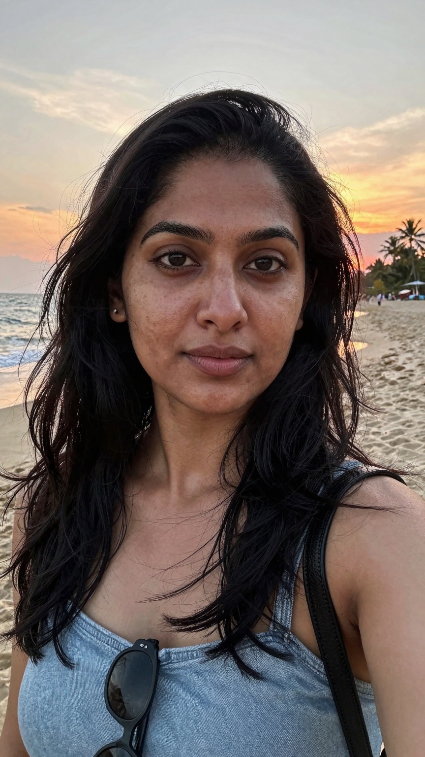 Ultra-realistic front camera selfie of a South Asian woman at a tropical beach during sunset,  shot on iPhone smartphone c...