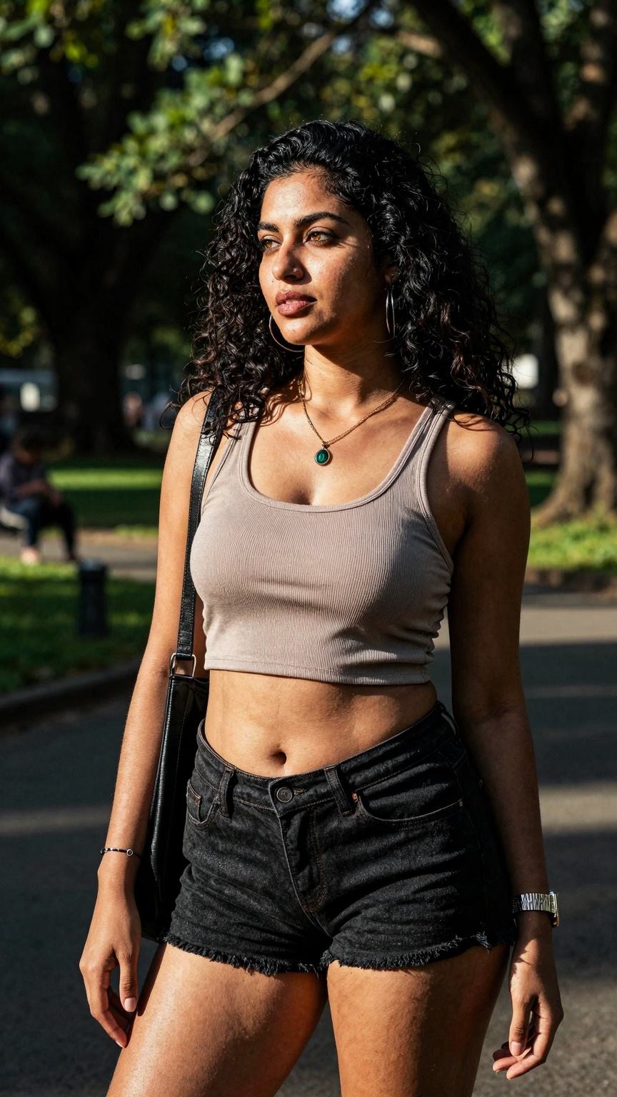 gorgeous random woman in random outfit posing for a sensual photography session at a local park,  Mobile photography,  sho...