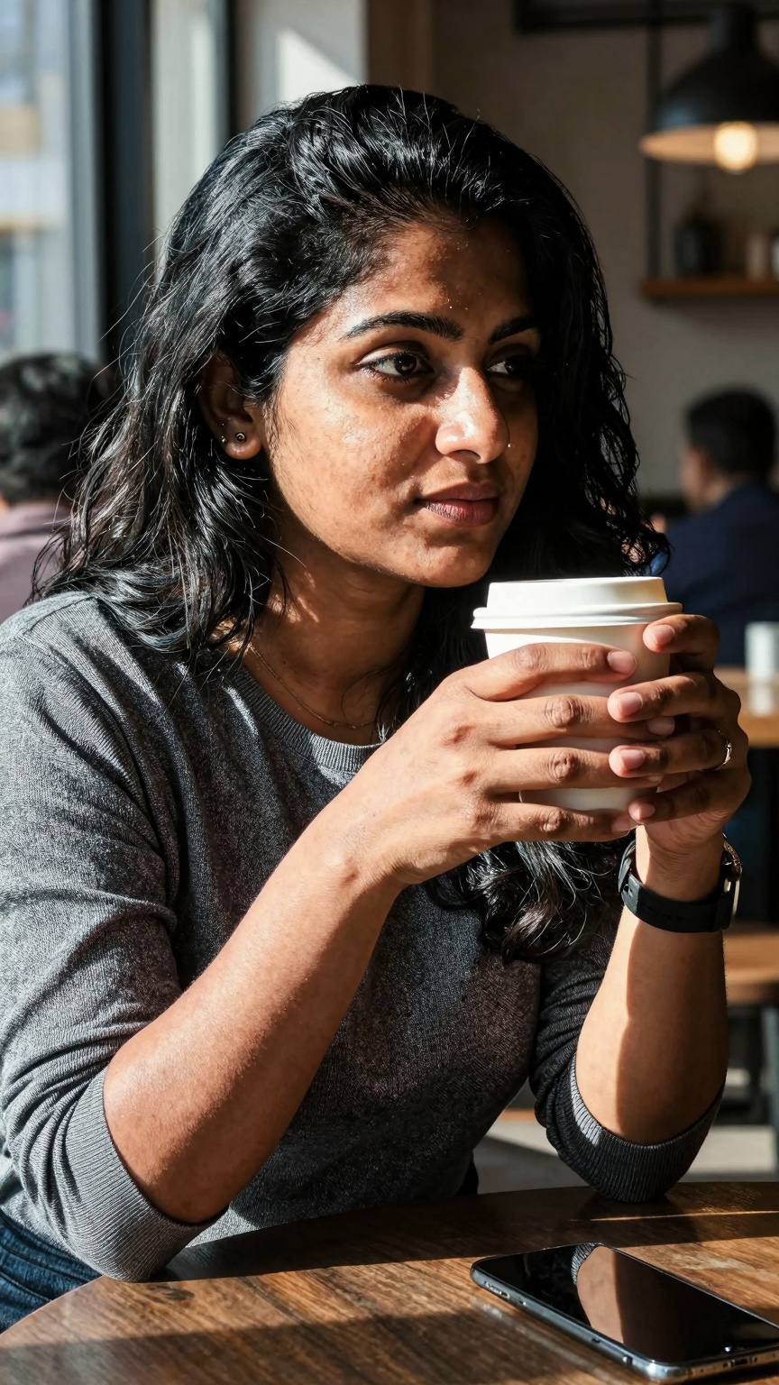 Ultra-realistic mobile photography of a stylish South Asian woman sitting inside a modern cafe,  shot on Xiaomi flagship s...