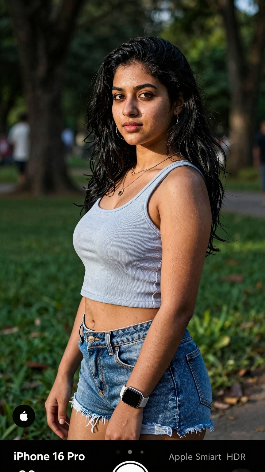A gorgeous woman 18 yo,  in a cute random outfit posing for a sensual photography session at a local park. The shot is tak...