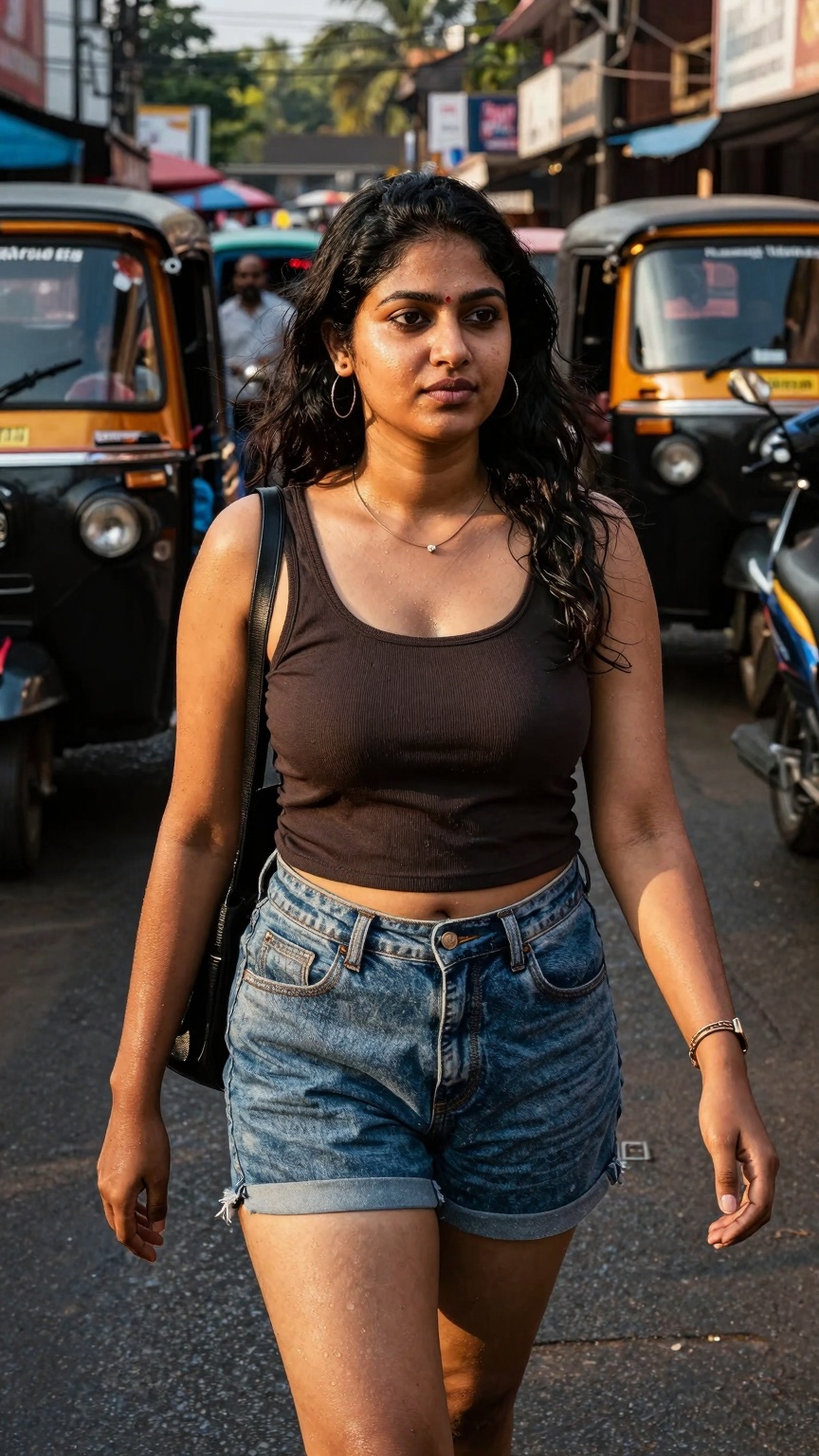 Ultra-realistic mobile phone photography of a young woman walking through a busy Kerala street market during golden hour,...