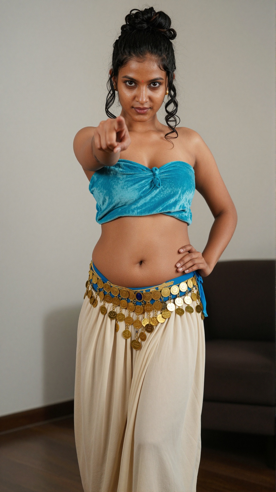 Young Indian woman cute expression,  pointing directly at viewer with right hand,  wearing turquoise blue velvet strapless...
