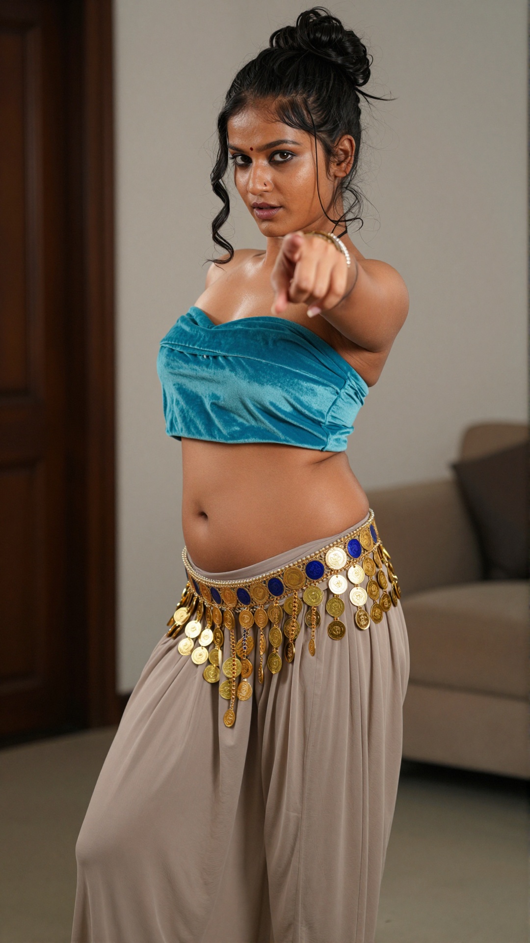 Young Indian woman cute expression,  pointing directly at viewer with right hand,  wearing turquoise blue velvet strapless...