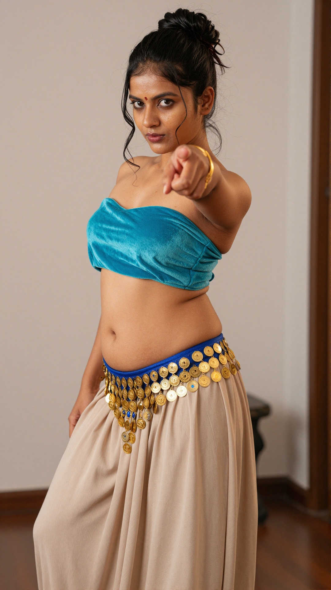 Young Indian woman cute expression,  pointing directly at viewer with right hand,  wearing turquoise blue velvet strapless...