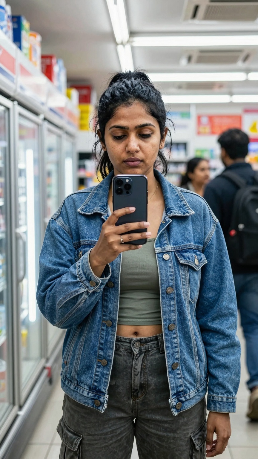Ultra-realistic mobile phone photography of a South Asian woman inside a brightly lit late-night convenience store,  weari...