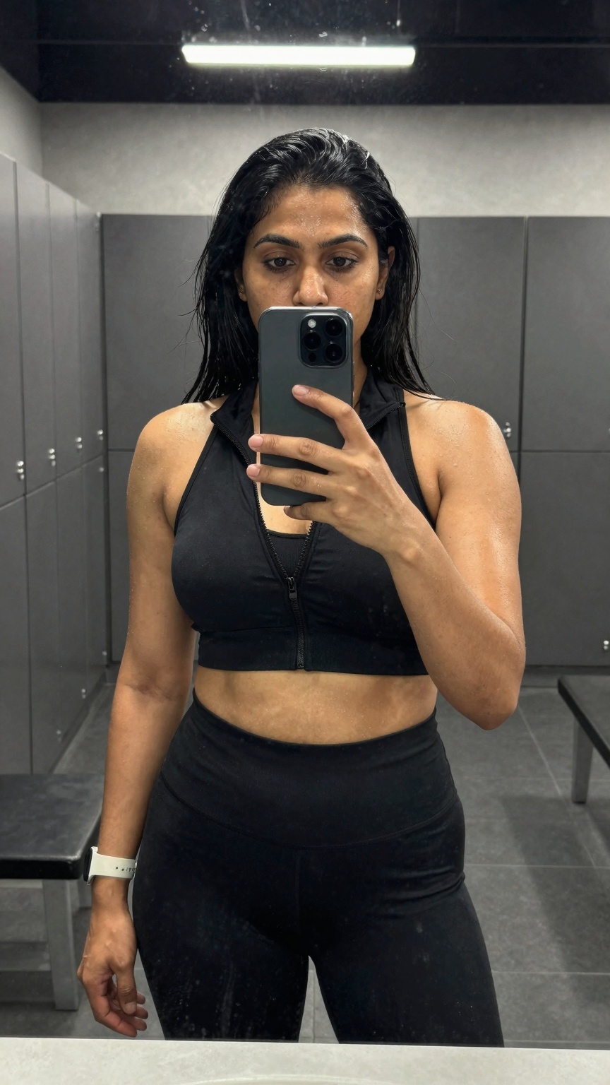 Ultra-realistic smartphone mirror selfie of a South Asian woman inside a modern gym locker room,  wearing black fitted ath...