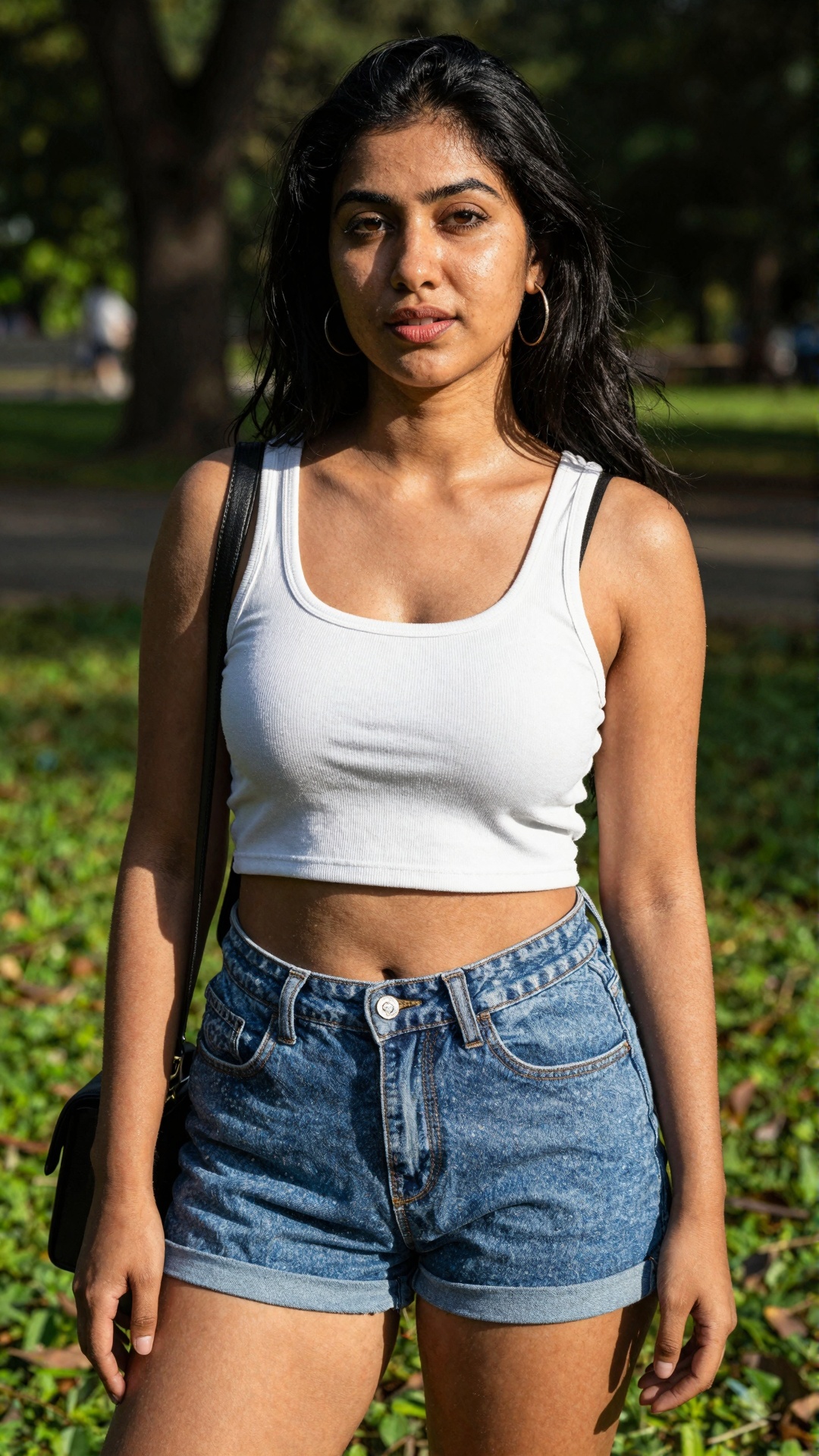 gorgeous woman in her 30s in a cute random outfit posing for a sensual photography session at a local park,  Mobile photog...