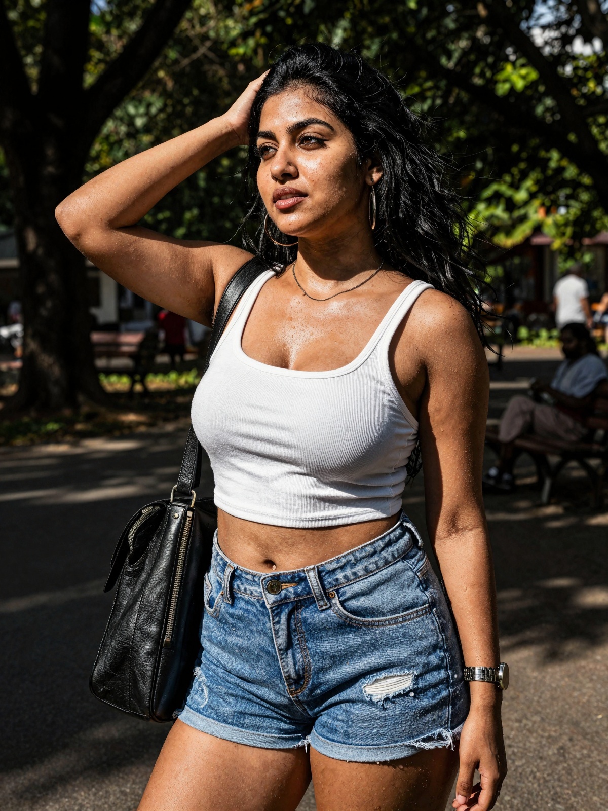 gorgeous woman in her 30s in a cute random outfit posing for a sensual photography session at a local park,  Mobile photog...