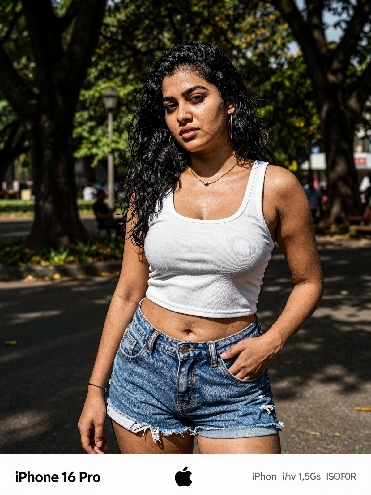 gorgeous woman in her 30s in a cute random outfit posing for a sensual photography session at a local park,  Mobile photog...