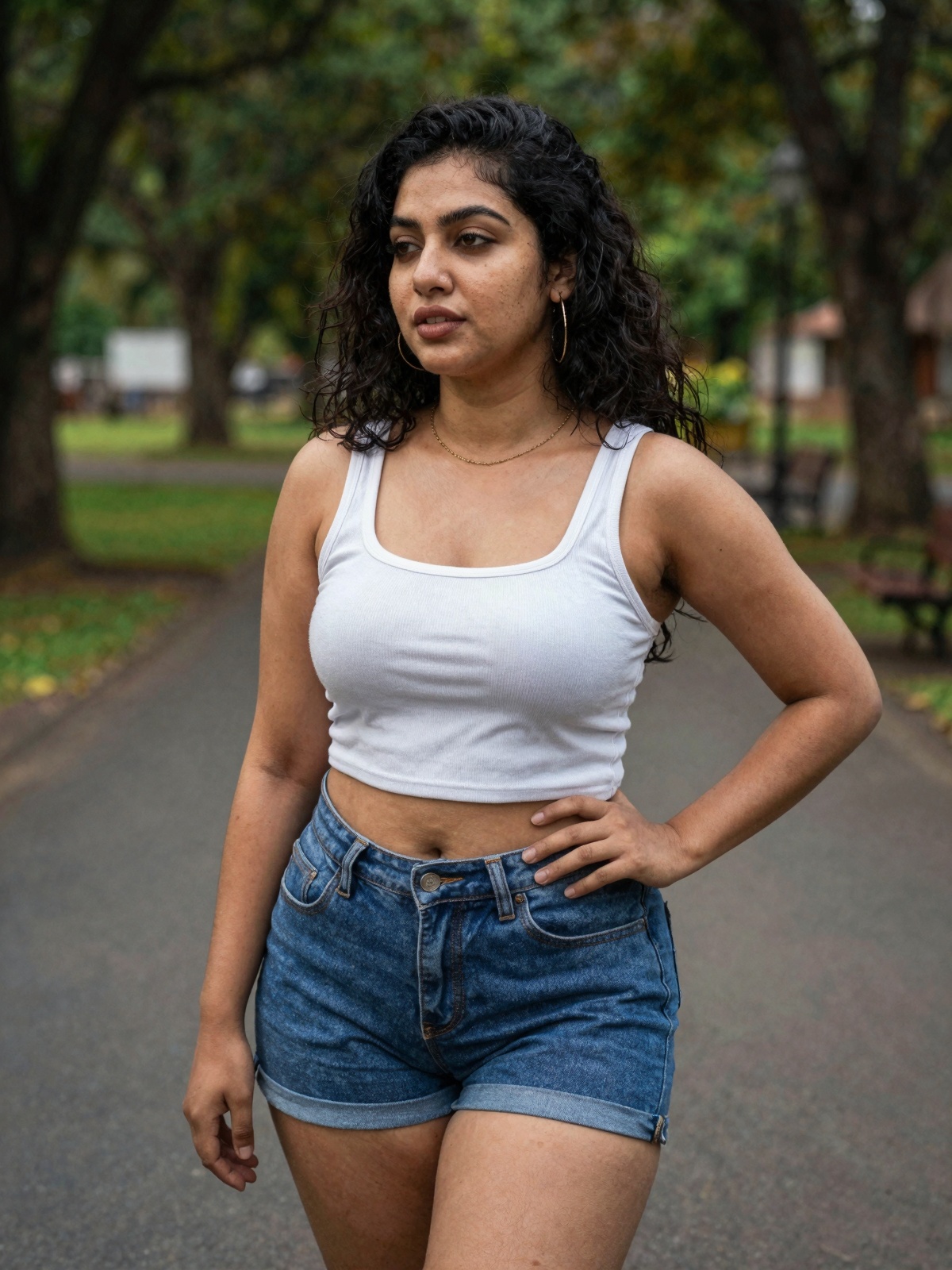 gorgeous woman in her 30s in a cute random outfit posing for a sensual photography session at a local park,  Mobile photog...