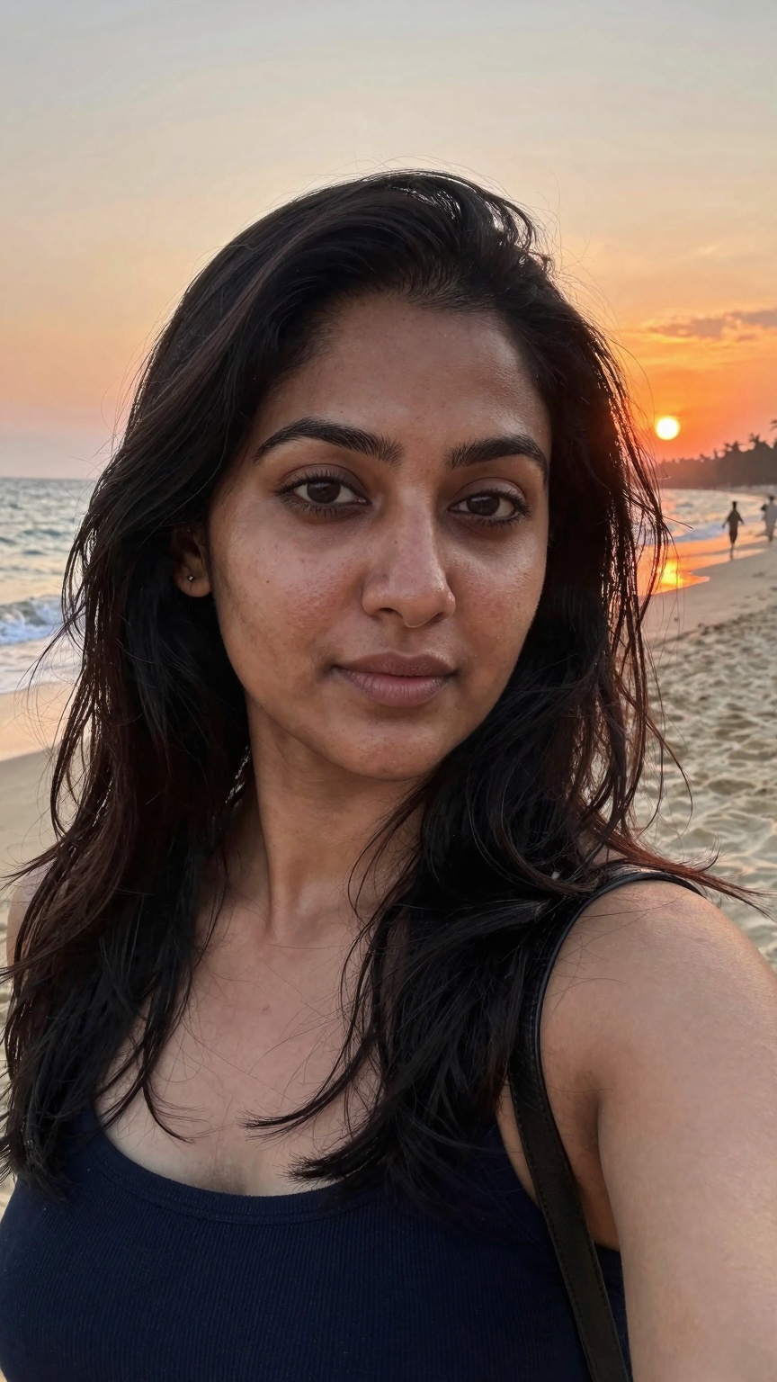 Ultra-realistic front camera selfie of a South Asian woman at a tropical beach during sunset,  shot on iPhone smartphone c...