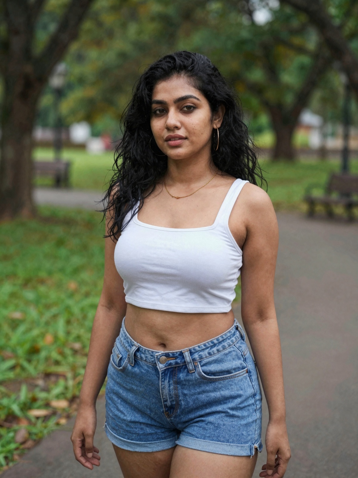 gorgeous woman in her 30s in a cute random outfit posing for a sensual photography session at a local park,  Mobile photog...