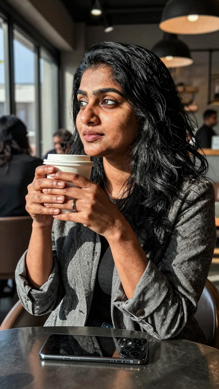 Ultra-realistic mobile photography of a stylish South Asian woman sitting inside a modern cafe,  shot on Xiaomi flagship s...