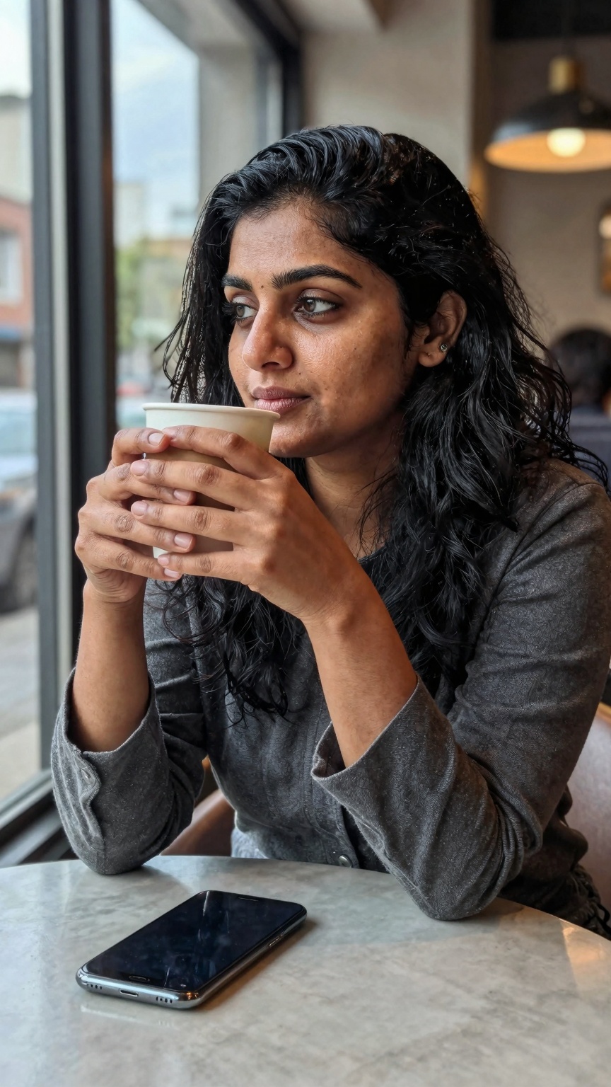 Ultra-realistic mobile photography of a stylish South Asian woman sitting inside a modern cafe,  shot on Xiaomi flagship s...