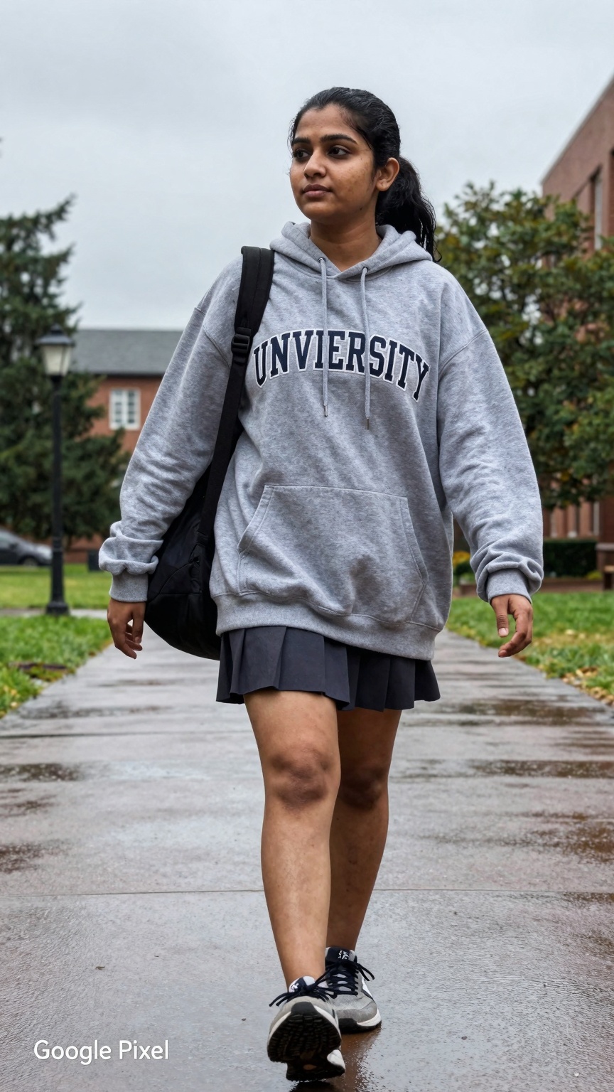Ultra-realistic smartphone candid photography of a South Asian college girl walking across a rainy campus pathway,  wearin...