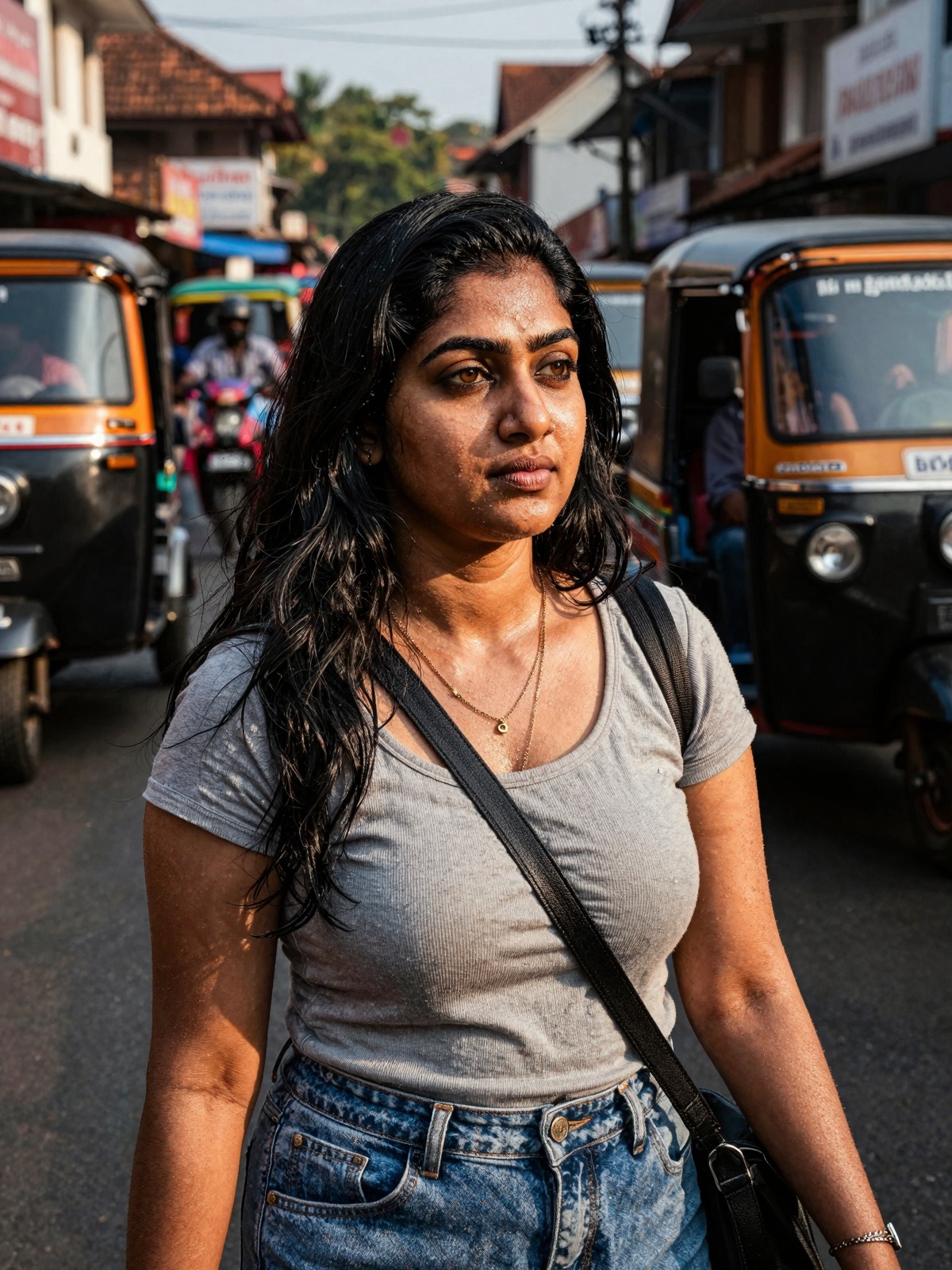 Ultra-realistic mobile phone photography of a young South Asian woman walking through a busy Kerala street market during g...