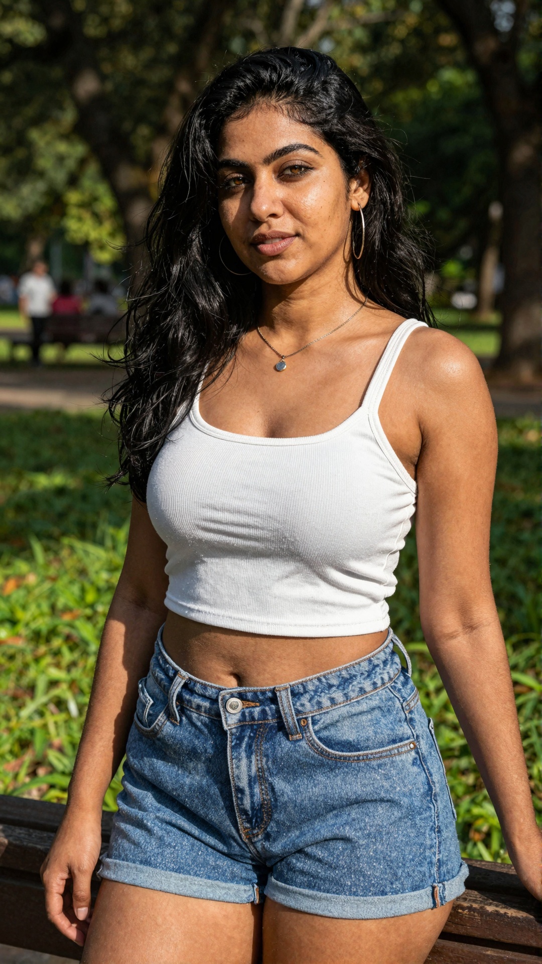 gorgeous woman in her 30s in a cute random outfit posing for a sensual photography session at a local park,  Mobile photog...