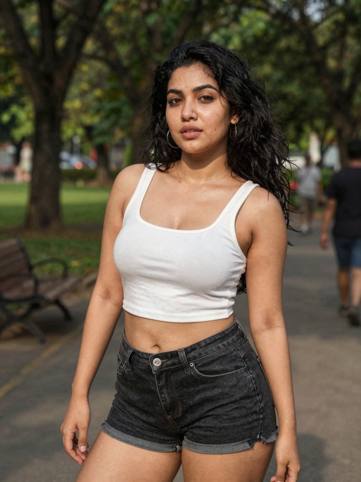 gorgeous woman in her 30s in a cute random outfit posing for a sensual photography session at a local park,  Mobile photog...