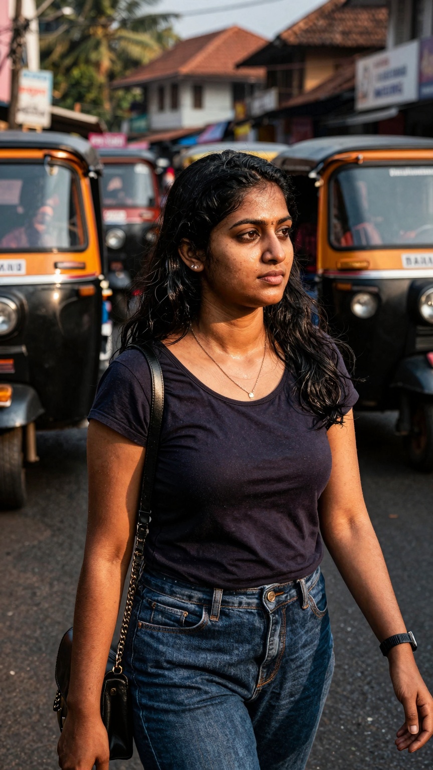 Ultra-realistic mobile phone photography of a young South Asian woman walking through a busy Kerala street market during g...