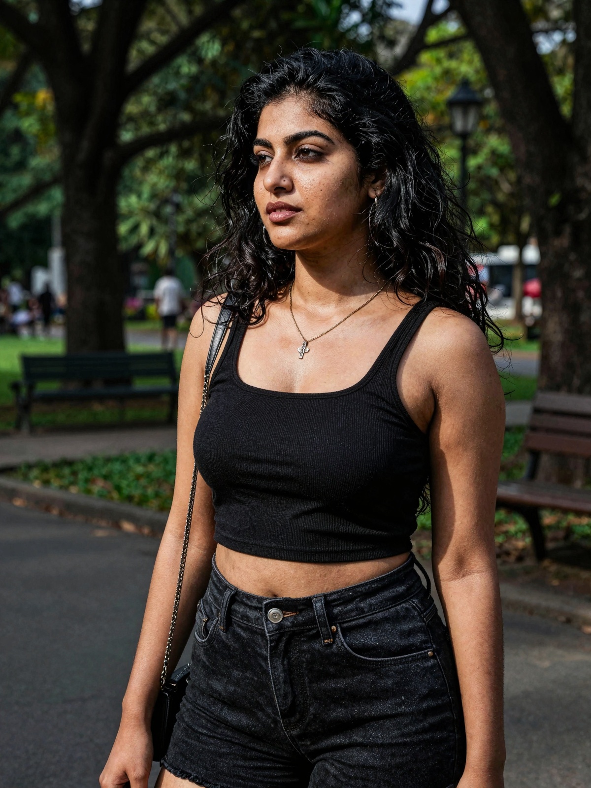 gorgeous random woman in random outfit posing for a sensual photography session at a local park,  Mobile photography,  sho...
