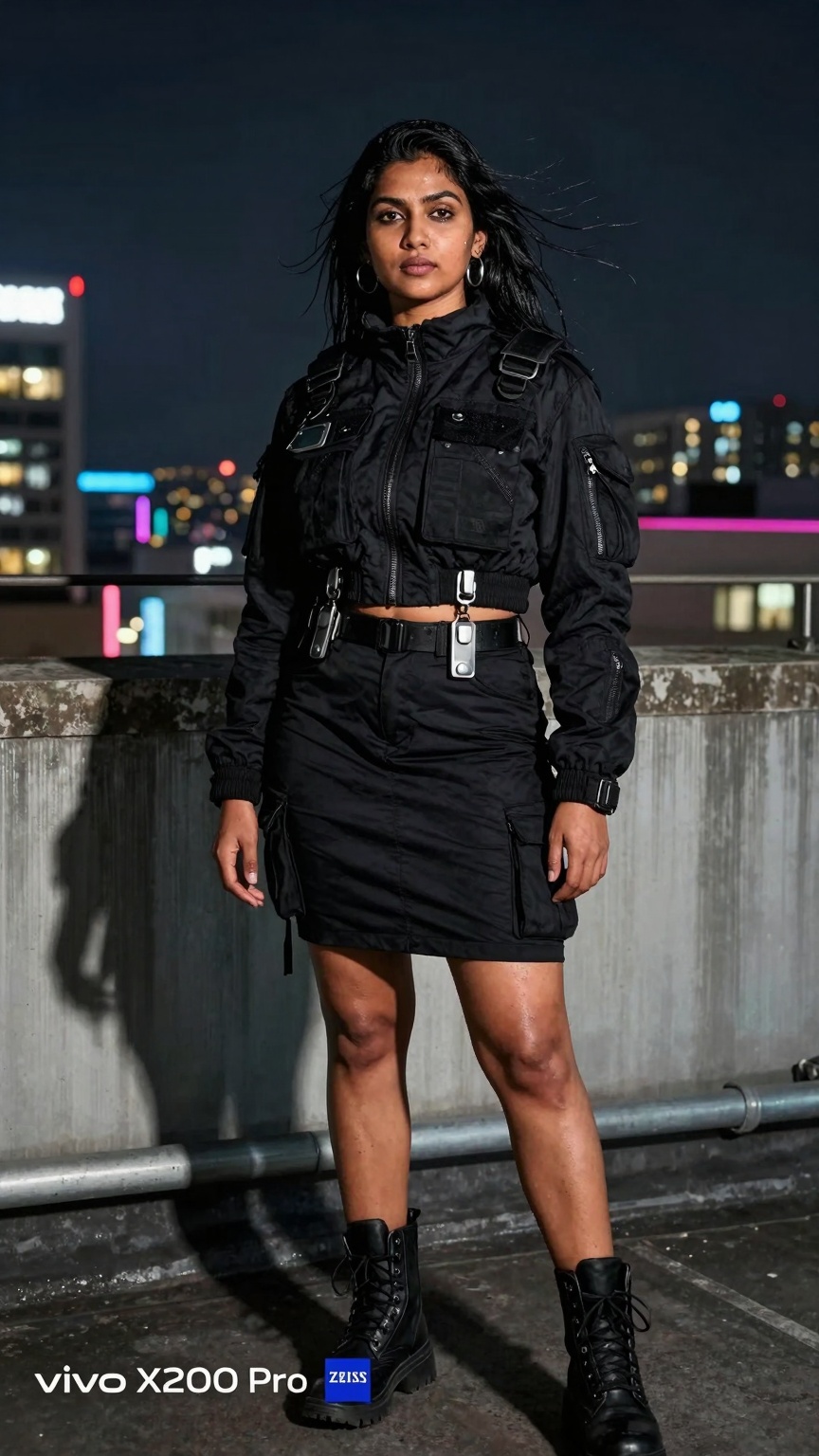 Ultra-realistic smartphone photography of a South Asian woman on a rooftop at night wearing futuristic black streetwear,...