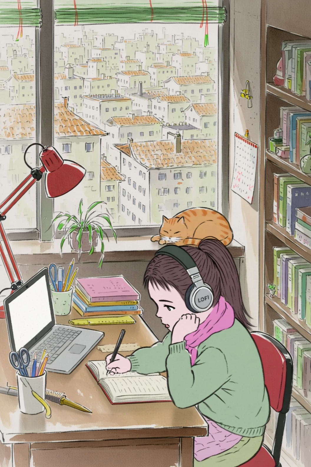 a kaguya style image of a student girl,  seated at a wooden desk positioned directly in front of a large window,  leaning...