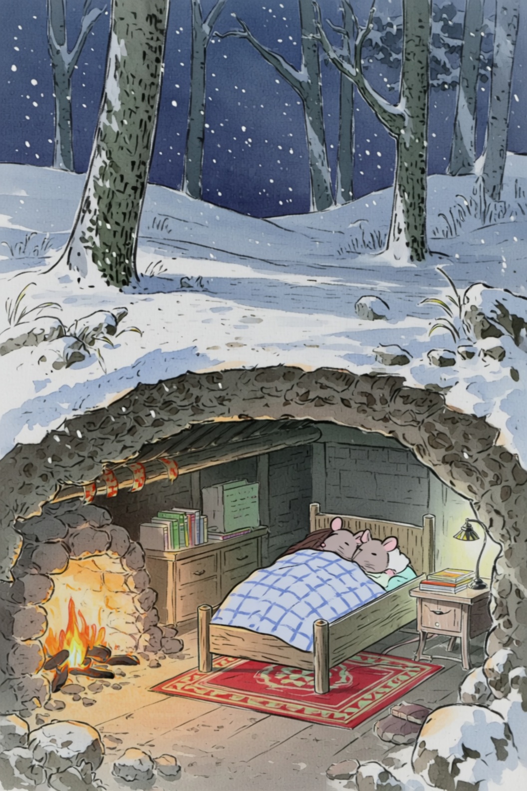 a kaguya style image of a cozy underground scene featuring a couple of married mice sleeping peacefully in a wooden bed,...