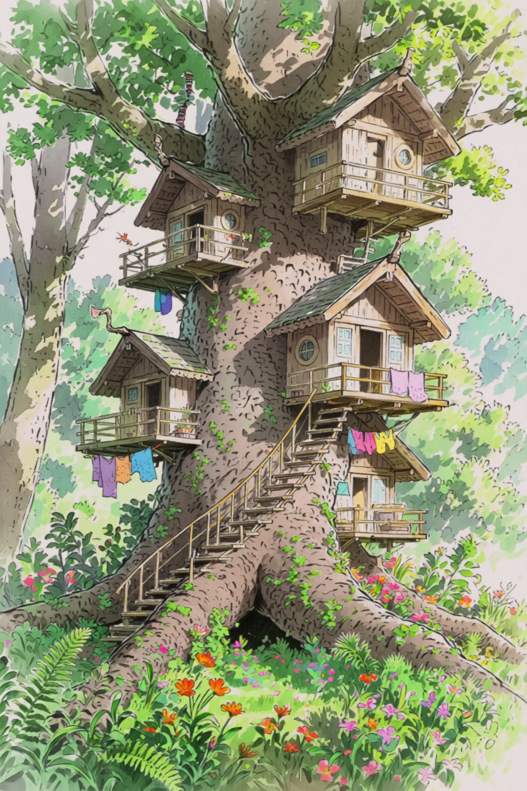 a kaguya style image of multiple cozy houses are built within the sprawling trunk of a colossal tree. The tree’s massive g...